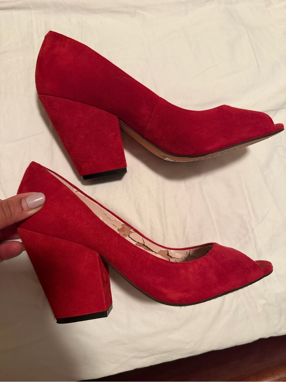 Vince Camuto Red Suede Peep-Toe Block Heels